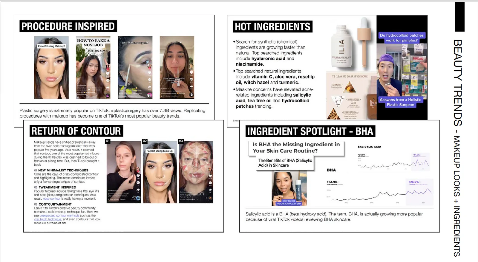 Research boards covering procedure-inspired beauty and ingredient trends