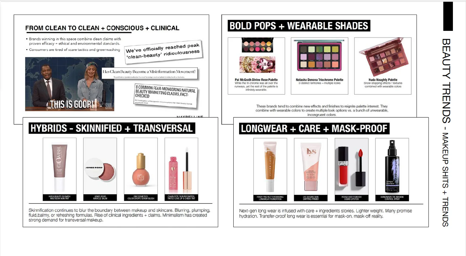Research boards covering clean beauty, color, hybrid products, and long wear